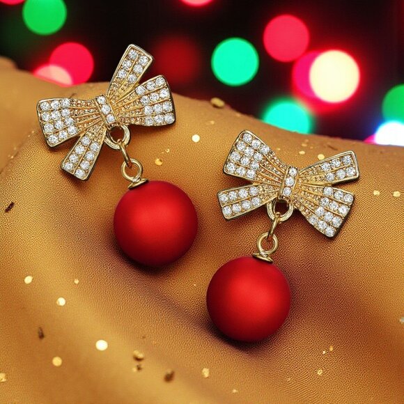 🆕️Holiday Red Ornament Bow Tie Earrings Sparkling Zircon Festive Jewelry Gift - Picture 9 of 16